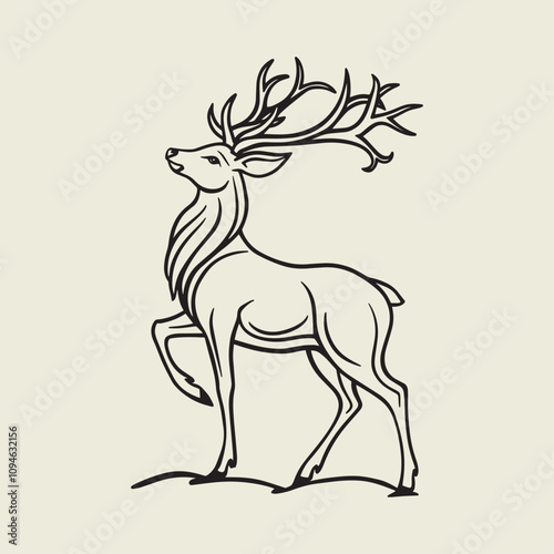 A drawing of a deer with antlers. Deer Silhouette with a beige background.
