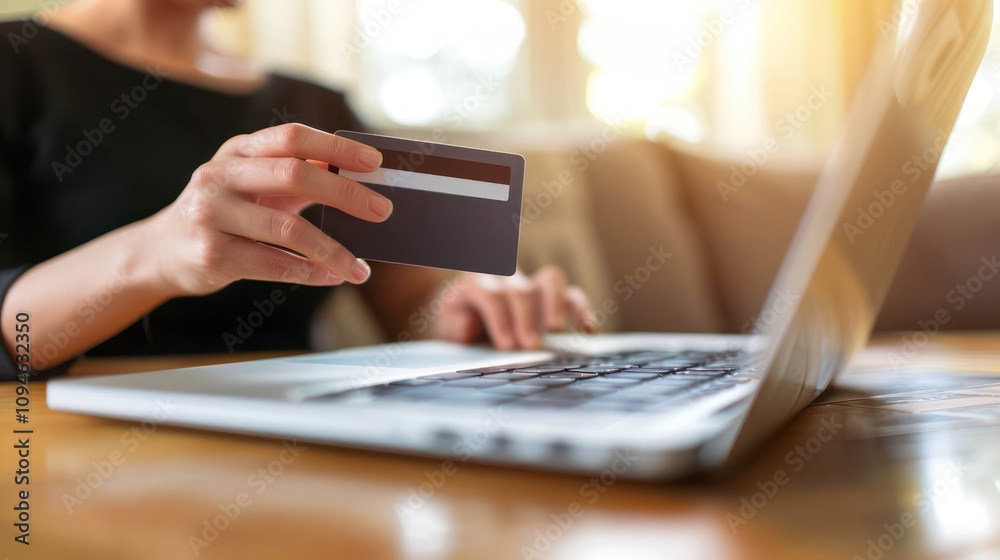 Woman Making Online Purchase with Credit Card at Home, Using Laptop, Natural Light, Comfortable Atmosphere, Focused on Payment Process, Modern Lifestyle, E-Commerce Shopping Experience