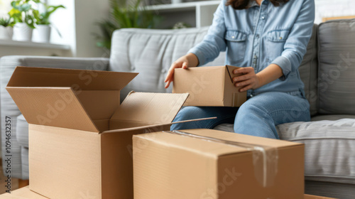 Woman Unpacking Boxes at Home, Preparing for Moving Day, Casual Lifestyle Setting in Modern Living Room Environment, Focus on Cardboard Boxes and Relaxed Atmosphere