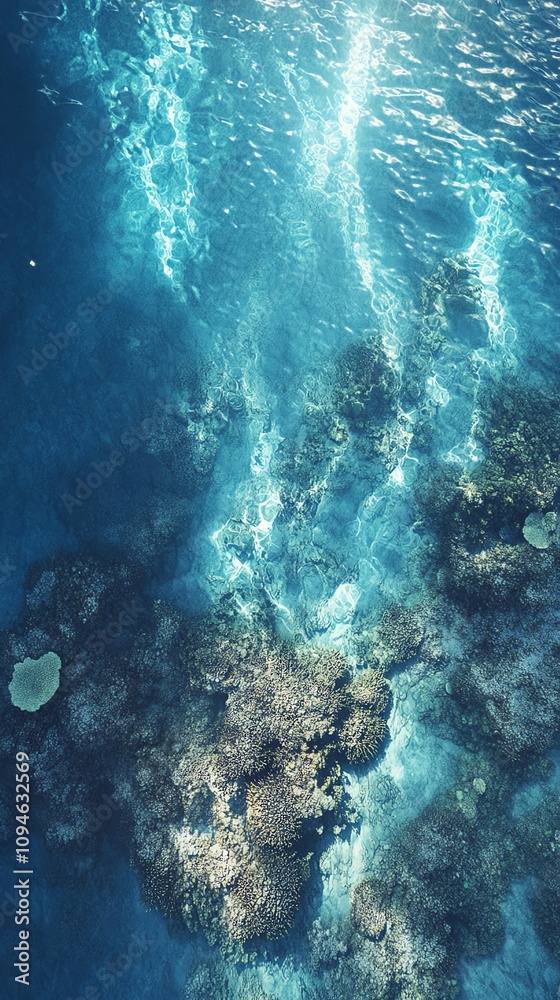 Fototapeta premium Aerial view of vibrant coral reef underwater. Sunbeams illuminate the crystal-clear ocean, showcasing diverse marine life habitat.