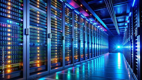 Low Light Photography of Array Disk Storage Systems in a High-Tech Data Center with Depth of Field Emphasizing Modern Technology and Innovation in Data Management