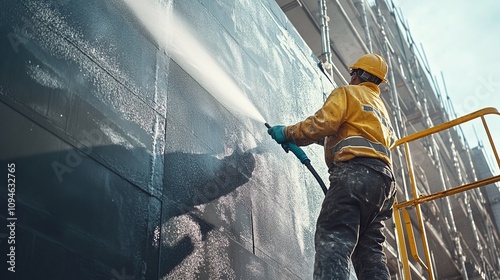A worker in an orange uniform is cleaning and washing the facade of an industrial building with a water spray gun