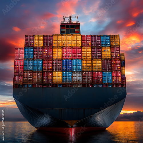 A large cargo ship loaded with colorful containers sails through calm waters under a dramatic sunset sky.