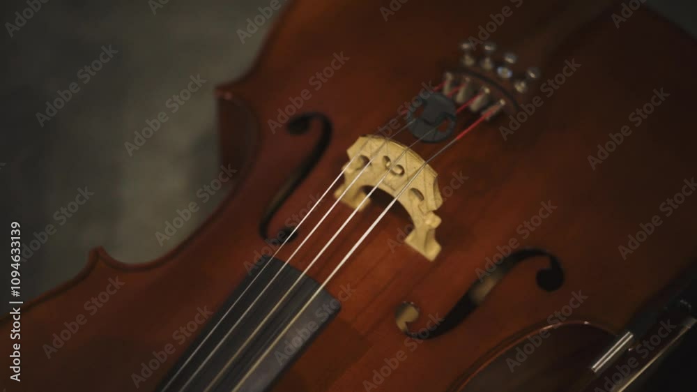 Cinematic Close-up Cello Music Instrument the details of body and strings Cinematic Close-up Cello Music Instrument the details of body and strings