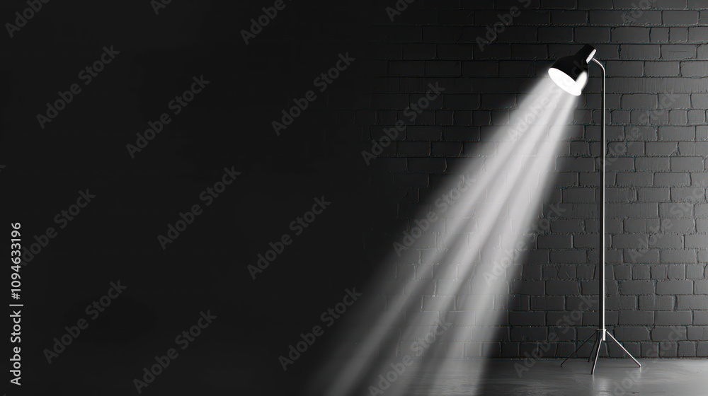 Fototapeta premium A Minimalistic Studio with Single Spotlight Illuminating a Dark Wall, Creating Dramatic Shadows and a Stylish Atmosphere for Innovative Design Projects