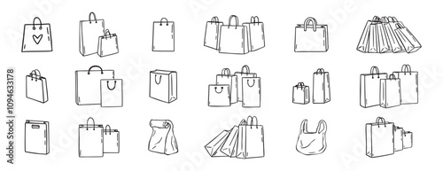 Shopping bags icons doodle hand drawn set. Paper shopping bags drawing line outline vector black Set 