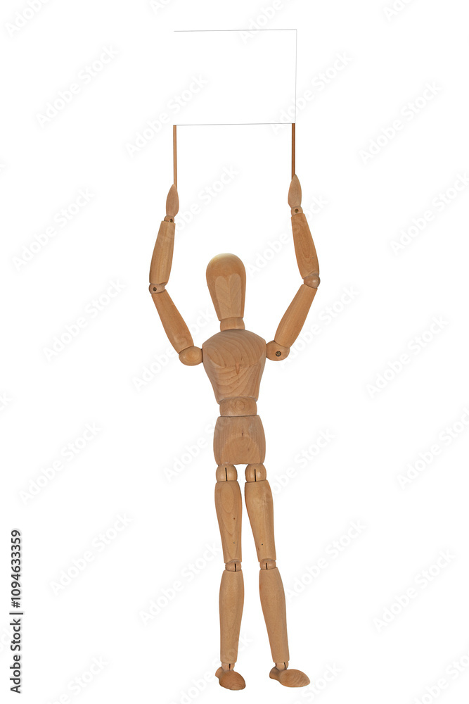 A wooden puppet doll marionette holding blank protest sign. Concept of emotional manipulation, world conspiracy theories., control and dictatorship. A wooden puppet doll marionette holding blank protest sign. Concept of emotional manipulation, world conspiracy theories., control and dictatorship.