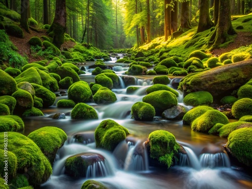 Lush Green Moss-Covered Rocks by a Tranquil Stream in Olympic National Park's Rainforest Near Sol Duc Falls, Capturing Nature's Serenity with a Beautiful Bokeh Effect photo