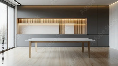 A minimalist kitchen interior featuring a white dining table with a soft matte finish, complemented by deep grey cabinetry and light pine wood elements. The wooden elements include open shelves.