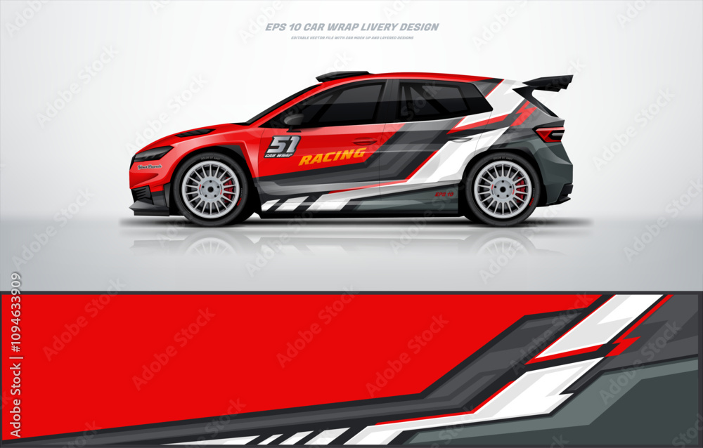 Fototapeta premium Racing Car branding mockup with racing wrap decal or livery design, Hatchback wrap design 