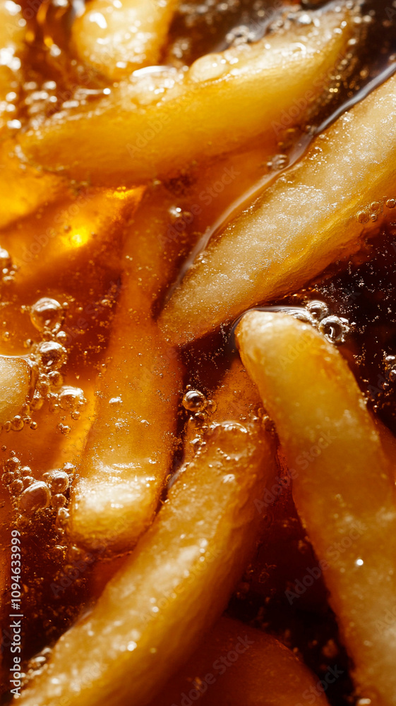 Close-up of French fries being fried in oil, with visible details like the golden-brown color and deep-fried texture. Close-up of French fries being fried in oil, with visible details like the golden-brown color and deep-fried texture.