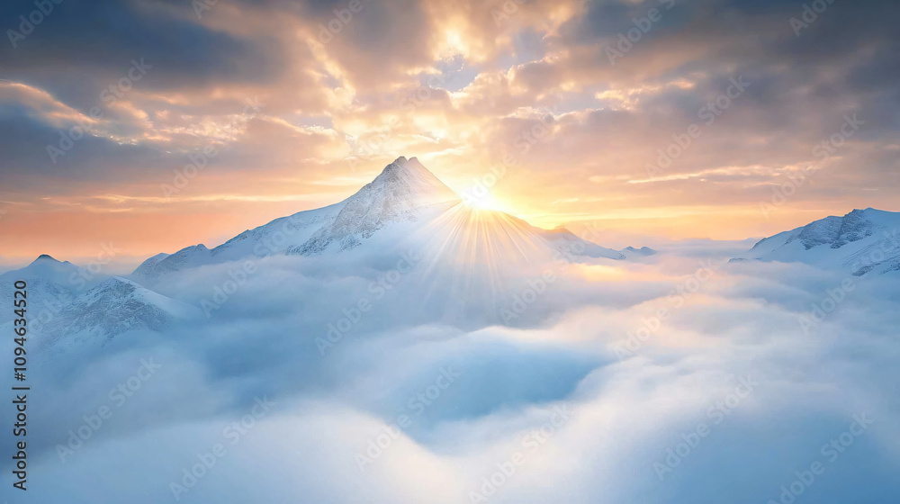 A distant snowy peak rising above misty, frozen valleys with sunlight piercing through clouds. A distant snowy peak rising above misty, frozen valleys with sunlight piercing through clouds.
