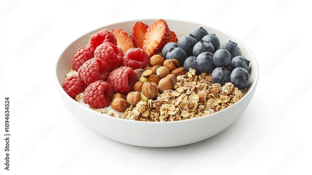 Healthy breakfast bowl with berries and nuts kitchen food photography bright environment close-up nutritional value Healthy breakfast bowl with berries and nuts kitchen food photography bright environment close-up nutritional value