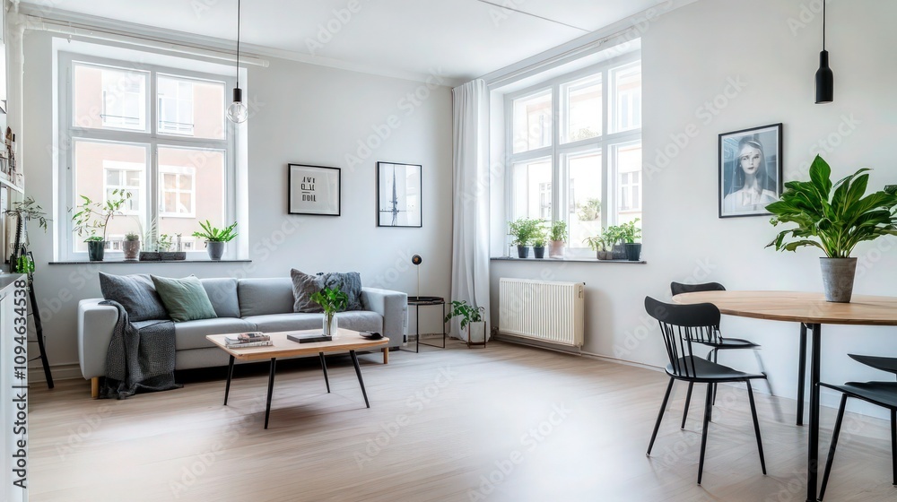 Fototapeta premium Modern living room interior with a grey sofa and wooden dining table serves as a bright background for real estate marketing.