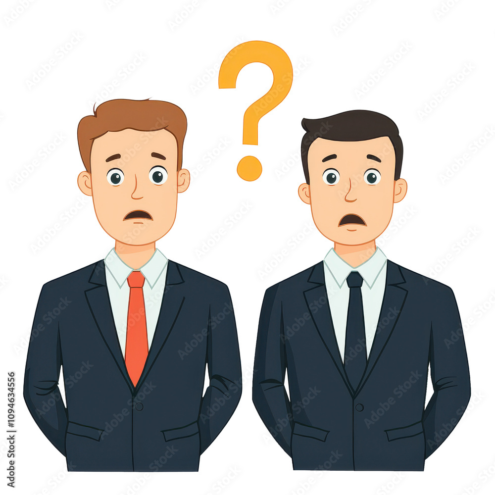 Cartoon men in suits with puzzled expressions, conveying confusion and curiosity. Their surprised faces and question mark symbolize uncertainty Cartoon men in suits with puzzled expressions, conveying confusion and curiosity. Their surprised faces and question mark symbolize uncertainty