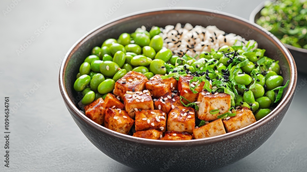Healthy meal prep colorful tofu bowl with edamame and greens kitchen food photography modern nutrition focus Healthy meal prep colorful tofu bowl with edamame and greens kitchen food photography modern nutrition focus