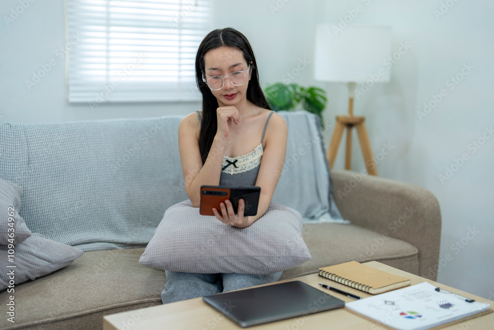 Young asian woman sitting on sofa using smartphone and thinking Young asian woman sitting on sofa using smartphone and thinking