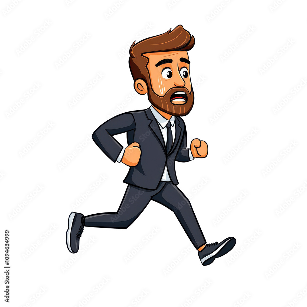 cartoon man jogging in suit with sweat drops on his face, showing determination and effort cartoon man jogging in suit with sweat drops on his face, showing determination and effort
