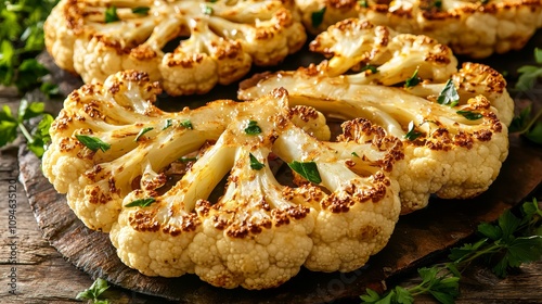 Cooking grilled cauliflower steaks kitchen recipe rustic close-up healthy eating concept