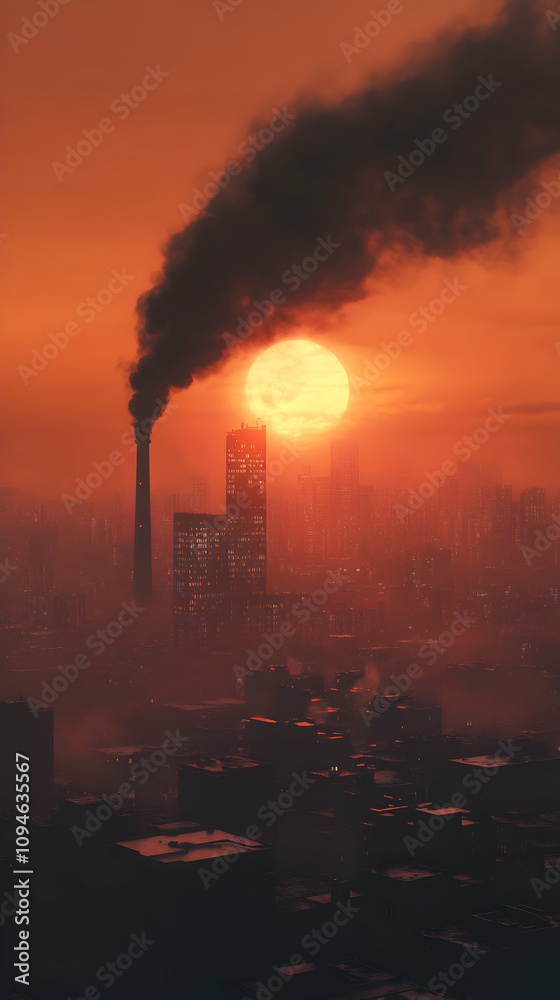 Obraz premium Smog-Shrouded Cityscape at Sunset: A 3D Digital Illustration of an Industrial Metropolis with a Factory Chimney Emitting Dark Smoke, Casting an Ominous Shadow Over the Skyline.