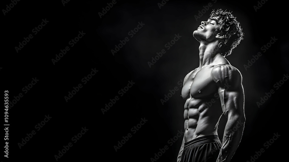 Muscular Man Posing Against Dark Background: A Black and White Fitness Photography Image Muscular Man Posing Against Dark Background: A Black and White Fitness Photography Image
