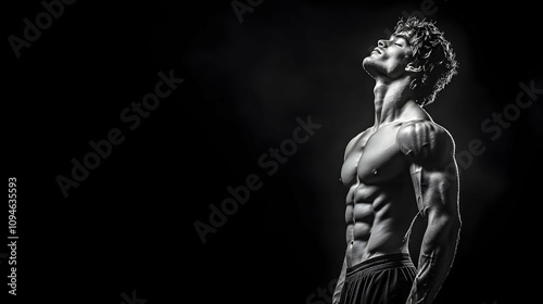 Muscular Man Posing Against Dark Background: A Black and White Fitness Photography Image