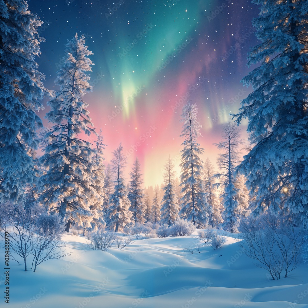 Majestic Aurora Borealis Illuminating Snow-Laden Forest in Vibrant Colors Majestic Aurora Borealis Illuminating Snow-Laden Forest in Vibrant Colors