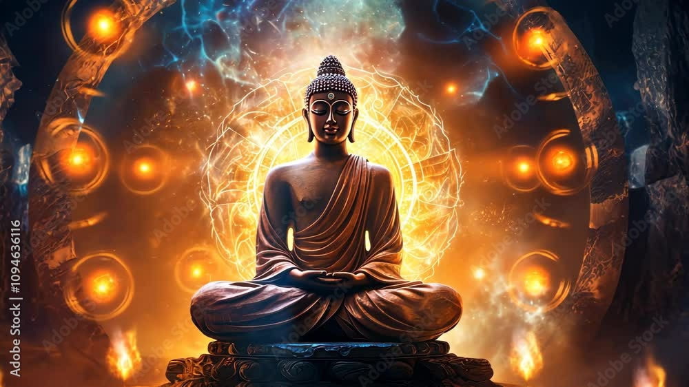 Meditative Buddha surrounded by radiant energy in a mystical setting Meditative Buddha surrounded by radiant energy in a mystical setting