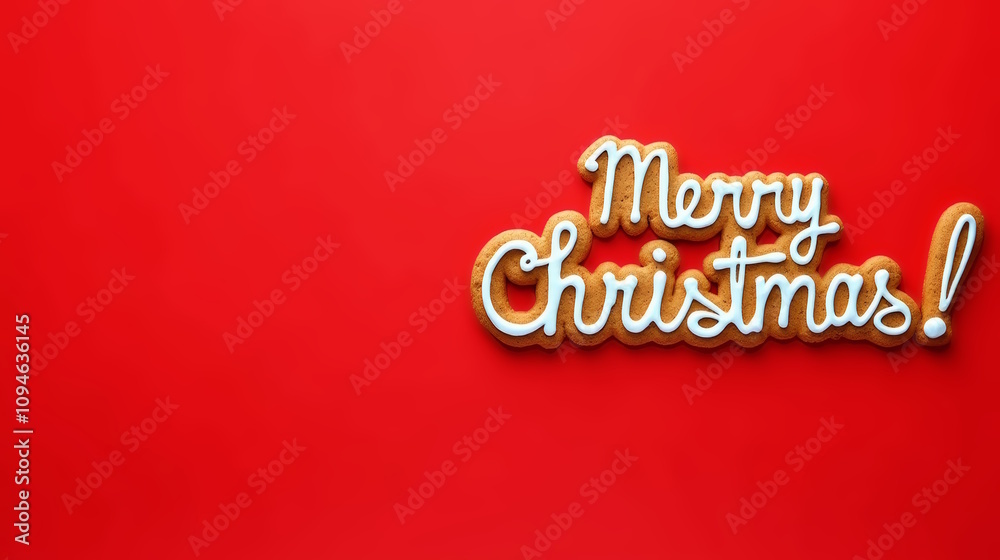 Cookies in the form of MERRY CHRISTMAS text on red background, Free space for text, New Year banner for invitation, greeting card or christmas sale. Cookies in the form of MERRY CHRISTMAS text on red background, Free space for text, New Year banner for invitation, greeting card or christmas sale.