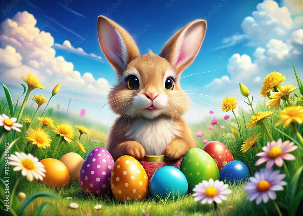 In a lively spring setting, an adorable Easter bunny holds a collection of colorful eggs, surrounded by blossoming flowers and warm sunshine, embodying the joy of the season. In a lively spring setting, an adorable Easter bunny holds a collection of colorful eggs, surrounded by blossoming flowers and warm sunshine, embodying the joy of the season.