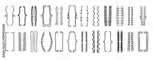 Hand drawn doodle brackets set. Scribble brackets and drawing in black. Wavy frames for text, silhouettes of parenthesis.