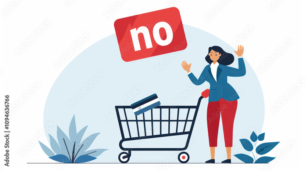 Woman Expressing Rejection While Shopping in a Store, Holding a Signs With the Word No, Cart with Credit Cards Woman Expressing Rejection While Shopping in a Store, Holding a Signs With the Word No, Cart with Credit Cards
