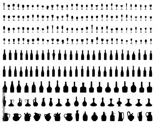 Black silhouettes of wine glasses, bottles and pitchers 