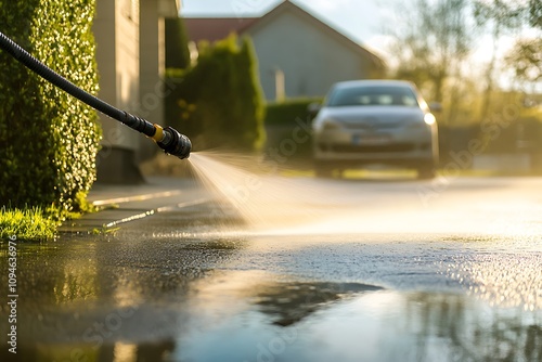 Water Spraying On Driveway Near House And Car