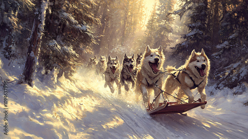 A dog sled team pulling a sled through the snowy forest, with the lead dog enthusiastically leading the way in a thrilling race.