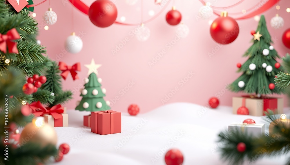 Christmas presents and ornaments on a pink and white background with snow. Christmas presents and ornaments on a pink and white background with snow.