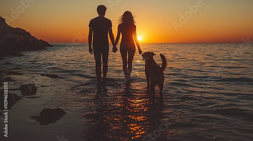 Couple and Their Canine Walking on Beach at Sunset Symbolic of Love and Unity