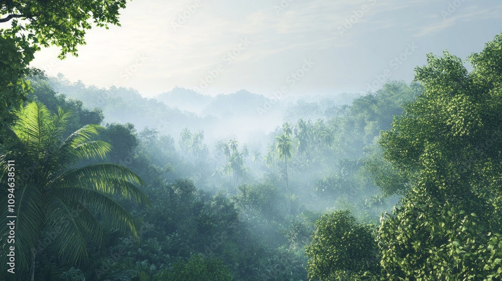 Obraz premium A lush green forest with a foggy mist in the air. The trees are tall and leafy, and the sky is cloudy. The scene is serene and peaceful, with the mist adding a sense of mystery
