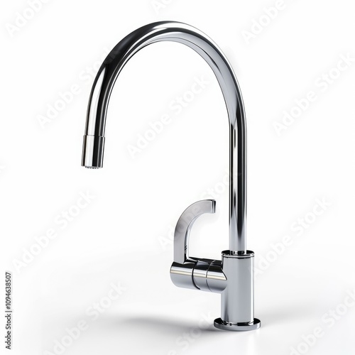 Chrome kitchen faucet with curved spout and lever handle on a white background