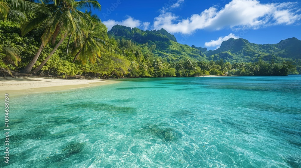 Clear turquoise water revealing the sandy bottom of a tropical lagoon. Clear turquoise water revealing the sandy bottom of a tropical lagoon.