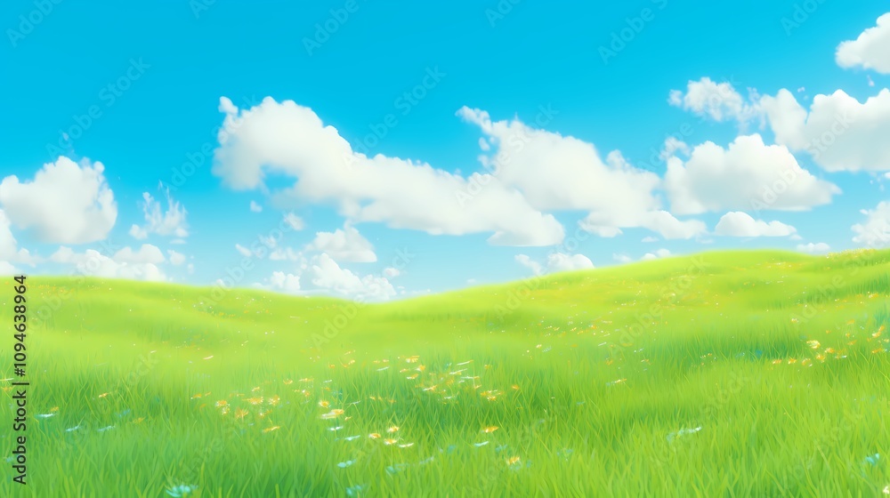 Blue sky white cloud green grass landscape illustration poster background Blue sky white cloud green grass landscape illustration poster background