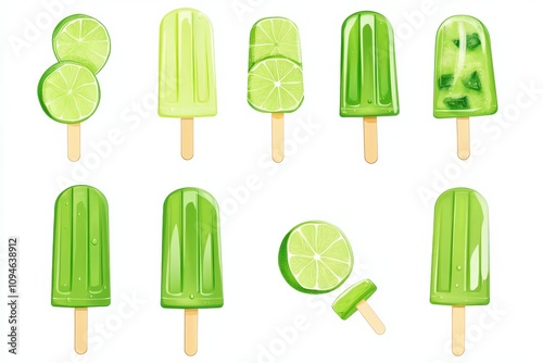 Green Popsicle Set: Refreshing Lime Ice Cream with Bite Marks on White Background photo