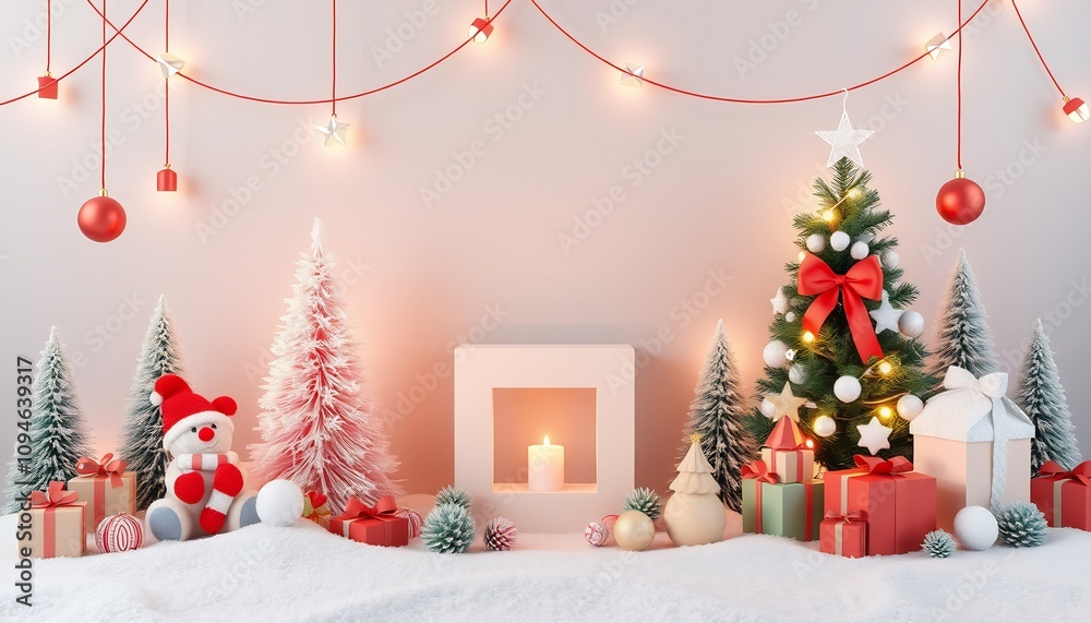 Christmas Decor with Snowy Background, Presents, and Snowman.