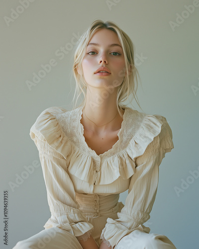 Moda. Portret w stylu vogue. Piękna blondynka w jasnej koszuli i jasnych spodniach. photo