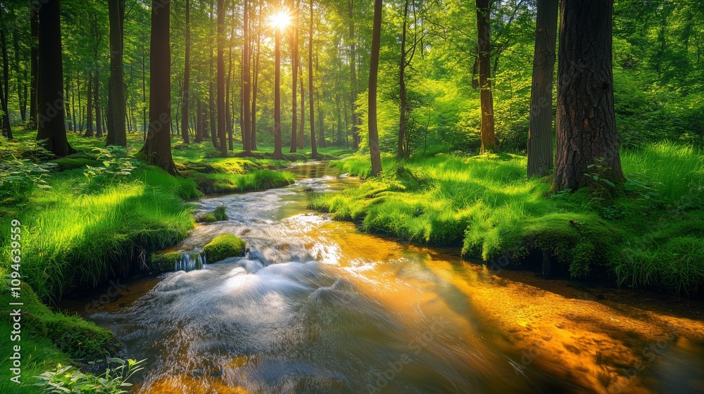 Fototapeta premium A sparkling creek flowing through a sunlit forest with lush vegetation.