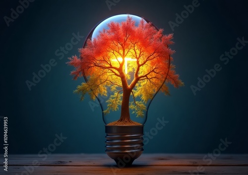 Colorful tree growing inside a light bulb with vibrant autumn leaves in a creative artistic display photo