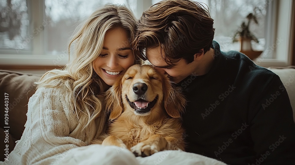A Happy Family and Their Beloved Pet Dog Sharing a Cozy Moment on the Sofa A Happy Family and Their Beloved Pet Dog Sharing a Cozy Moment on the Sofa