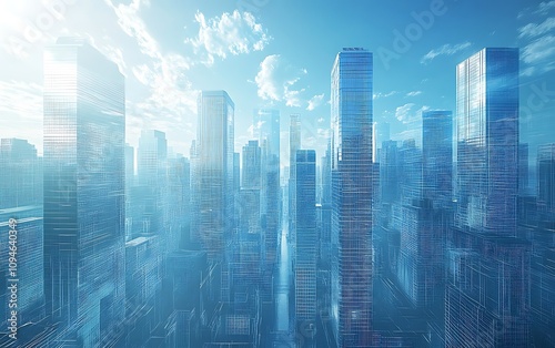 Panoramic view of a futuristic city skyline on a sunny day with hazy atmosphere.