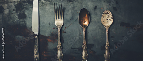 Knife, fork, and spoon, neatly arranged on a table, symbolizing dining, meals, and etiquette. photo