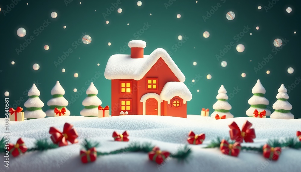 A snowy Christmas scene with a red house, snow covered trees, and presents in the snow. A snowy Christmas scene with a red house, snow covered trees, and presents in the snow.